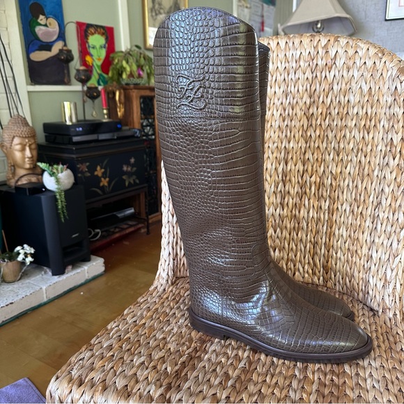New Fendi Karligraphy Croco Leather Maya Riding Boots 41 11B - Picture 8 of 16